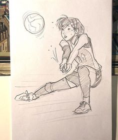 a drawing of a person playing with a ball