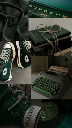 a collage of green sneakers and old typewriters