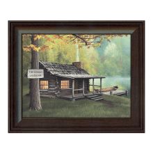 a painting of a cabin in the woods