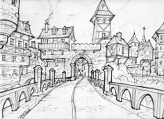 a black and white drawing of an old city street with lots of buildings on it