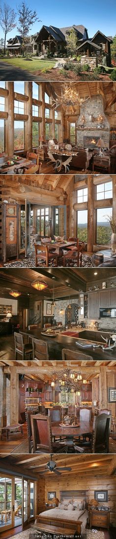 multiple pictures of different types of furniture in an old fashioned house with wood paneling and windows