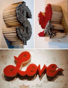 four different images of the word love made out of matchesticks and wood sticks