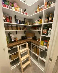 an organized pantry with wooden shelves and ladder