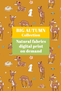 the big autumn collection is featured with deers and flowers on an orange background,