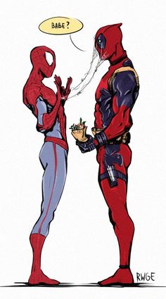 two deadpools are talking to each other in front of a speech bubble that says bake?