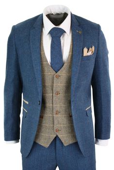 Marc Darcy Dion - Mens Blue Tan Brown 3 Piece Herringbone Tweed Check Vintage Tailored Fit Suit - Happy Gentleman Vintage Wedding Suits, Blue Check Suit, Tweed Wedding Suits, Groom Wedding Attire, Slim Fit Tuxedo, Wedding Suits Groom, Check Suit, Herringbone Tweed, Groomsmen Suits