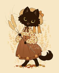 a black cat wearing a dress and holding a stick