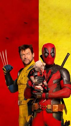 two men dressed as deadpool and wolverine in front of a red yellow and blue background