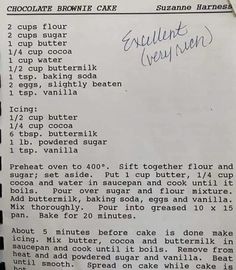 an old recipe for chocolate brownie cake