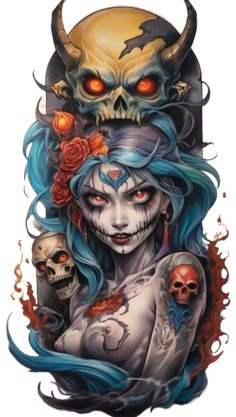 a woman with blue hair and skulls on her face is shown in this tattoo design