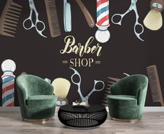 barber shop wall mural with scissors, combs and hairbrushes on the wall