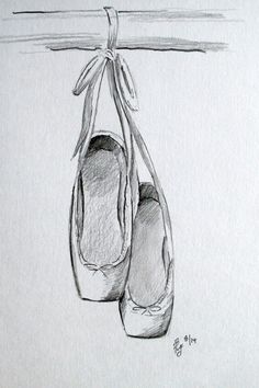 a drawing of two shoes hanging from a hook with a ribbon on the top and bottom