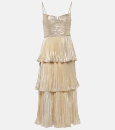 Self Portrait - Gold Metallic Tiered Midi Dress Luxury Metallic Holiday Dresses, Luxury Embellished Metallic Dress, Nude Metallic Dress, Champaign Dress, Metallic Prom Dress, Prom Dress Gold, Metallic Prom Dresses, Gold Midi Dress, Top Highlights