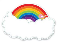 a sticker with a rainbow and bird in the clouds on it's side