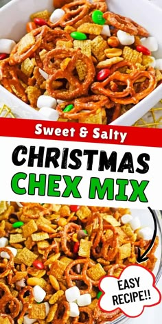 christmas chex mix in a white bowl with candy and pretzels on top