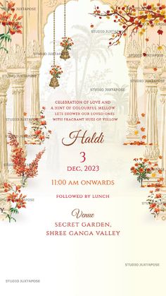 Haldi Ceremony with pillars and traditional elements of bells with flowers, also giving royal background Fancy Indian Wedding Invitations, Painted Invitations Wedding, Traditional Wedding Inspiration, Haldi Ceremony Invitation Card, Sikh Wedding Invitations Cards, Graphic Wedding Invitations, Royal Background, Indian Invitation Cards