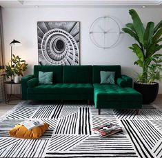 a living room with green couches and black and white rugs on the floor