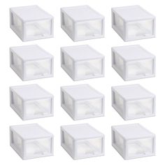 twelve white plastic storage boxes with lids