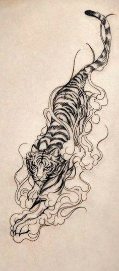 a drawing of a tiger on the back of a woman's body, with water swirling around it