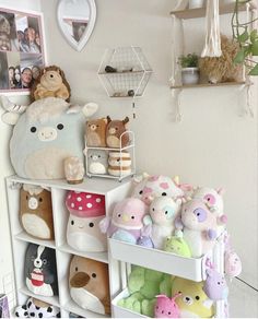 there are many stuffed animals on the shelves