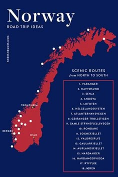 norway road trip ideas from north to south, including the route map for each country