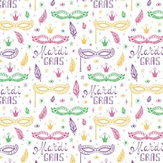 a pattern with the words mardi gras on it and some decorations in different colors