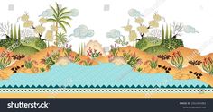 an illustration of a tropical landscape with palm trees and flowers in the water, on a white