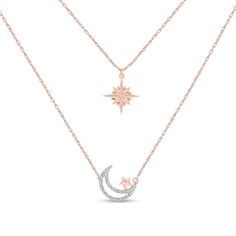 Necklace Drawing, Star And Moon Necklace, Rose Gold Plate, Gold Moon Necklace, Wedding Day Jewelry, Star And Moon, Double Strand Necklace, Gold Moon, Birthstone Gifts