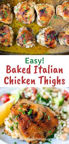 baked italian chicken thighs in a skillet with lemon wedges and garnishes