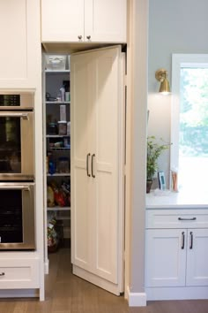 an open pantry with two ovens in it