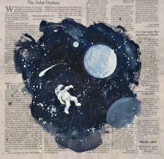 an image of the moon and stars in space on top of a newspaper with black ink