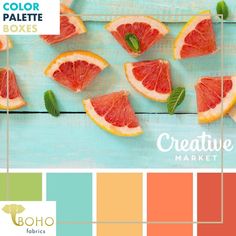 Blood Orange & Mint, Mystery Color Palette Box. - Boho Fabrics Muted Color Combos, Hawaii Home Decor Interior Design, August Color Scheme, Brand Color Pallete Mood Boards, Tropical Sunset Color Palette, End Of Summer Color Palette, Key West Color Palette, Summer Camp Color Palette, 5 Colour Palette