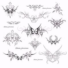 an assortment of tattoo designs on a white background, including flowers and cross with wings