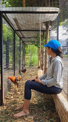 a woman sitting on a ledge in front of a chicken coop