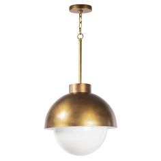 a brass and white pendant light hanging from a ceiling