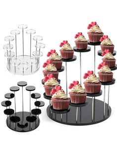 several cupcakes are arranged on display racks