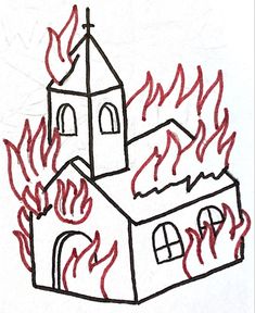 a drawing of a church with flames coming out of it