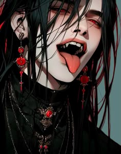 a woman with black hair and red eyes is making a funny face while wearing gothic necklaces