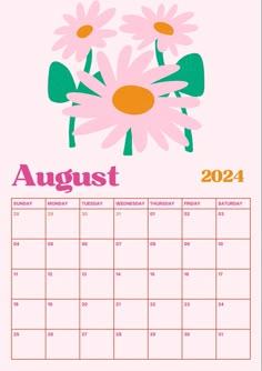 a calendar with flowers on it for the month of august, in pink and green