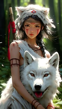 a native american girl holding a white wolf in the woods with her headdress