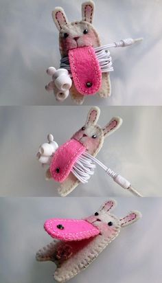 three pictures of stuffed animals with hair brushes in the shape of bunnies and rabbits