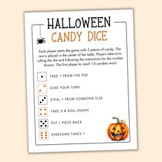 This Halloween Candy Dice game would make a great last-minute classroom activity or party game! All you'll need is some candy and a die. Digital download includes: 2 PDF files (US Letter + A4) 1 Halloween candy dice activity NOTE: This item is a digital download and no physical product will be shipped. For personal or school use only; file cannot be redistributed or used commercially. Halloween Candy Dice Game, Candy Dice Game, Candy Games, Classroom Activity, Coloring Bookmarks, Alphabet Crafts, Lunch Box Notes, Halloween Party Games, Footprint Art