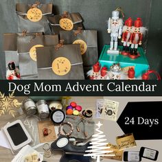 the dog mom advent calendar is on display in front of presents and other items for sale