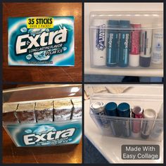 four different shots of the contents of an extra toilet paper dispenser, including toothpaste and deodorant