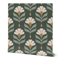 a green and white wallpaper with flowers on it