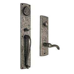 an iron door handle and latch on a white background