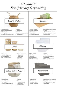 a guide to eco - friendly organizing for the kitchen and living room, with instructions on how to use them