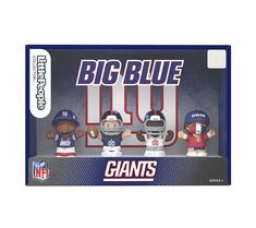 three new york giants figurines are posed in front of a football jersey box