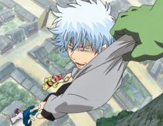 an anime character flying through the air with his hands on his hips and looking down