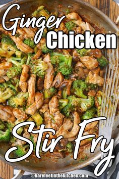 chicken stir fry in a skillet with broccoli and mushrooms on the side